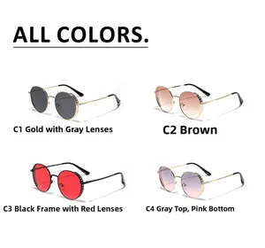Detailed grid showing four color variants of vintage round hollow metal frame sunglasses