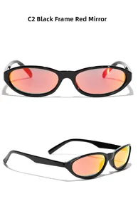 Detail view of model C2 Y2K sports sunglasses with black frames and red mercury lenses