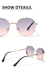 Macro detail of round metal sunglasses with hollow design and gradient purple lenses