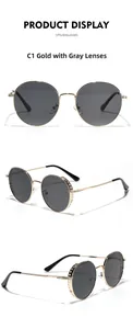 Detailed views of gold metal hollow-out sunglasses with dark grey round lenses