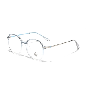 Polygon anti-blue light glasses with transparent blue frames and gold metal temples