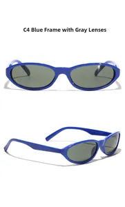 Detail view of Y2K futuristic blue oval sunglasses with size specs 95025 printed on temple