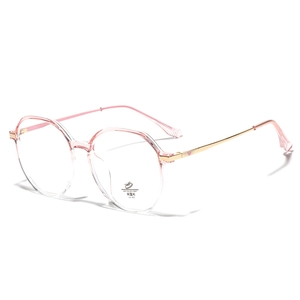 Pink translucent polygonal glasses with gold metal temples and anti-blue light protection