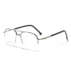 Classic silver double-bridge pilot metal eyeglass frames with black temple tips for men