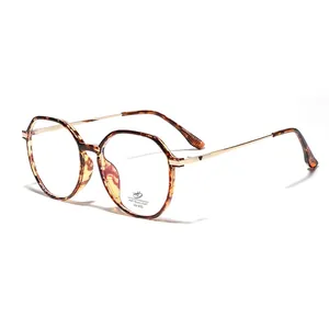 Polygonal tortoise frame glasses with gold metal temples and UV 400 protection lens