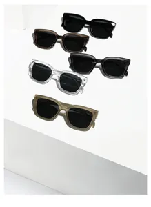 Various colors of square TR90 polarized sunglasses displayed on geometric stands