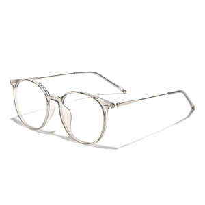 Modern round TR90 clear frame optical glasses with silver metal temples at 45-degree angle