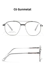 Detail view of gunmetal stainless steel aviator glasses frame with laser-etched sizing