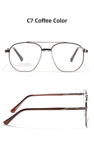 Detail of coffee brown double-bridge square glasses frame made of premium stainless steel
