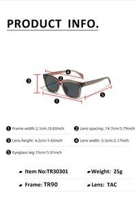 Size guide for TR90 square polarized sunglasses with precise frame measurements