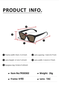 Detailed dimensions of TR90 square polarized sunglasses with TAC lenses and measurement specs