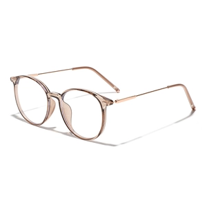 Classic round TR90 eyeglasses frame in champagne tea color with slim metal temples