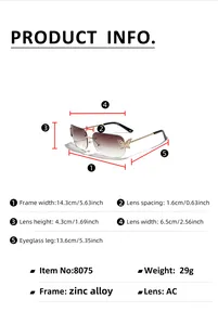 Detailed size chart for Y2K rimless square butterfly sunglasses with metal dimensions