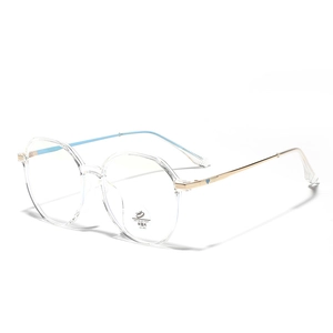 Transparent polygon blue light blocking glasses with gold metal temples and UV400 lenses