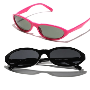 Y2K futuristic oval sunglasses in pink and black colors with glossy plastic frames