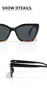 Detail of cat-eye polarized sunglasses showing black frame and tortoiseshell temples