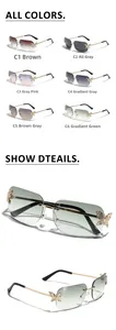 Detail of luxury rimless butterfly sunglasses showing rhinestone hinge and 6 color options