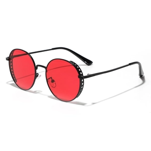 Steampunk round sunglasses with red lenses and black metal frame featuring side shields