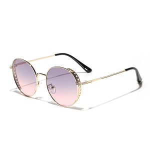 Retro round metal hollow sunglasses with purple pink gradient lenses and gold frame