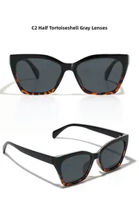 Detail view of TR90 cat-eye sunglasses with semi-tortoise frames and grey lenses