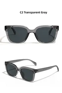 Detail view of transparent grey TR90 square sunglasses with polarized dark lenses