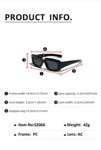 Size chart and dimensions for the rectangular frame sunglasses with PC and AC material specs