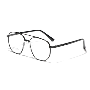 Classic black double-bridge aviator eyeglasses with stainless steel frame and flat lenses