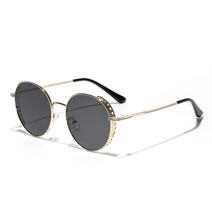 Retro round metal sunglasses with steampunk hollow frames and dark gray lenses