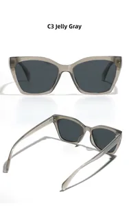 Detail of jelly grey TR90 cat eye sunglasses showing wide temples and frame texture