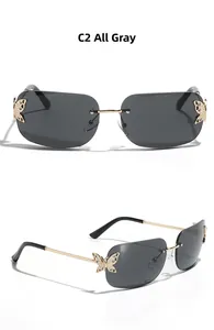 Macro detail of rimless square sunglasses with rhinestone butterfly hinges and grey lenses