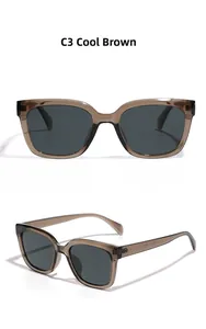 Detail view of square TR90 polarized sunglasses in cool brown transparent finish