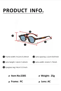 Detailed size chart for retro oval sunglasses showing frame and lens dimensions