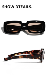 Detail view of square black sunglasses with leopard print temples and model W68287