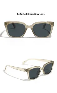 Macro detail of TR90 large square frame sunglasses in translucent green with gray lenses
