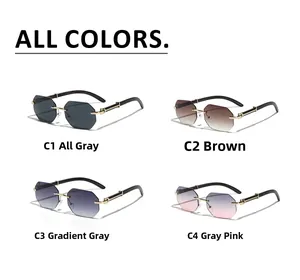 Detail view of rimless octagonal sunglasses in four gradient colors with wood grain temples