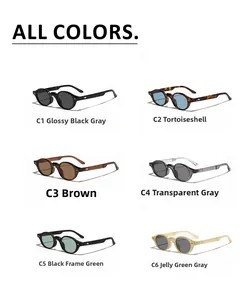 Grid display of six vintage oval sunglasses in various colors with metallic arrow temple detail