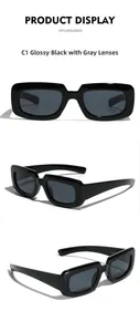 Close-up of gloss black rectangular frame sunglasses with dark grey lenses in three views