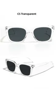 Detail view of transparent TR90 polarized sunglasses showing frame texture and hinges