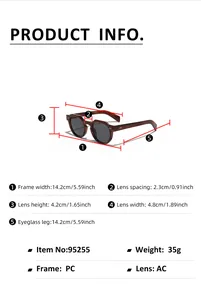 Detailed size chart for retro round frame sunglasses with full frame measurements