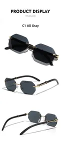 Detailed views of rimless polygonal sunglasses with grey lenses and wood-texture temples