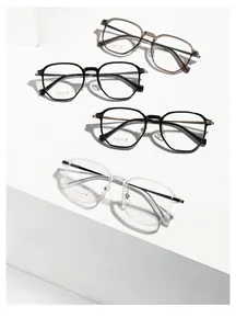 Detailed view of square titanium glasses frames in multiple colors on minimalist pedestals