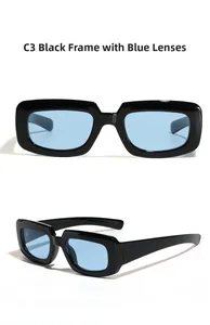 Detailed close-up of retro square sunglasses featuring black frames and blue lenses