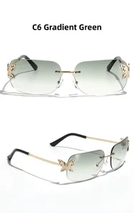 Detailed close-up of rimless square sunglasses with green gradient lenses and butterfly accents