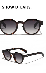 Detailed macro view of tortoiseshell frame sunglasses with silver rivets and gradient lenses