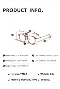 Size chart showing dimensions of square TR90 and titanium glasses frame model T7162