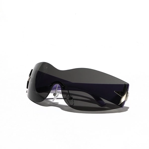 Frameless oversized Y2K wrap sunglasses with grey lenses and silver star detail
