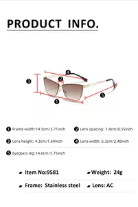 Detailed size chart of cat eye sunglasses showing dimensions and stainless steel frame