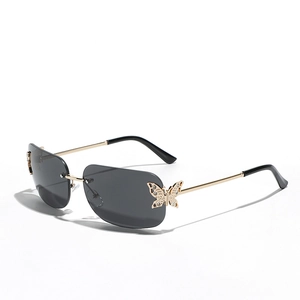Chic Y2K rimless square sunglasses with butterfly accent and golden metal temples