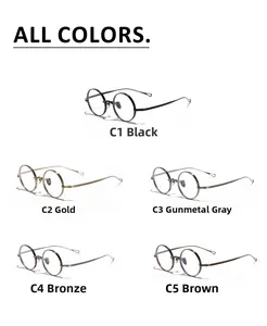 Five assorted colors of vintage round metal eyeglass frames shown in a grid layout
