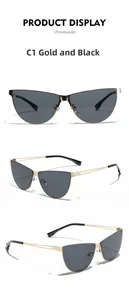 Detailed views of gold metal cat-eye sunglasses with hollow temples and black tips